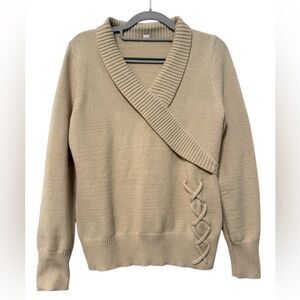 Shawl Collar Faux Wrap Lace Up‎ Long Sleeve Sweater Tan Women’s Small